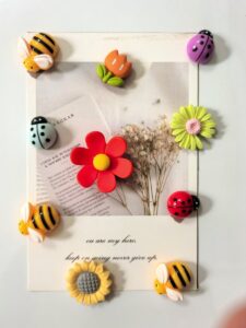 Resin bee and flower fridge magnet set, 3D garden collection