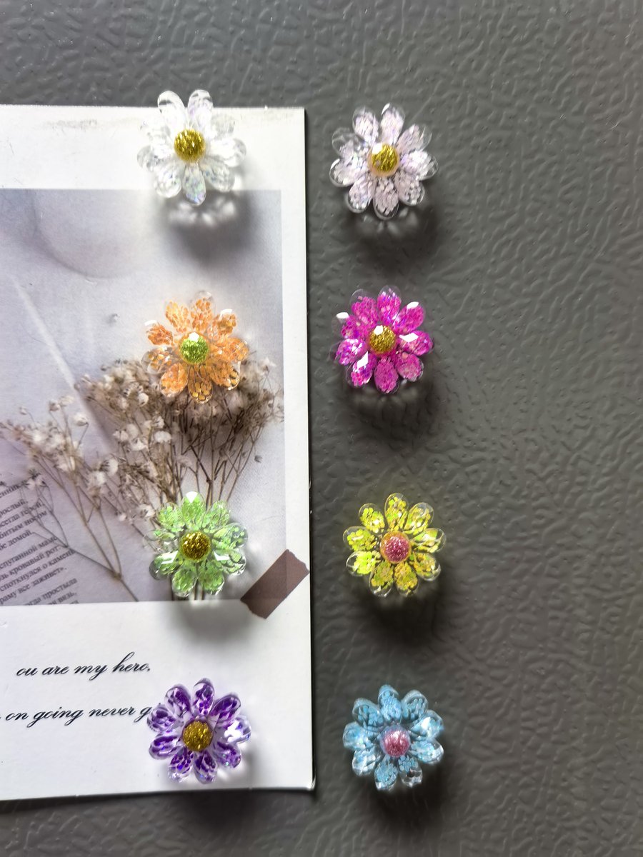 Sparkle resin flower fridge magnet set, glitter gift pack